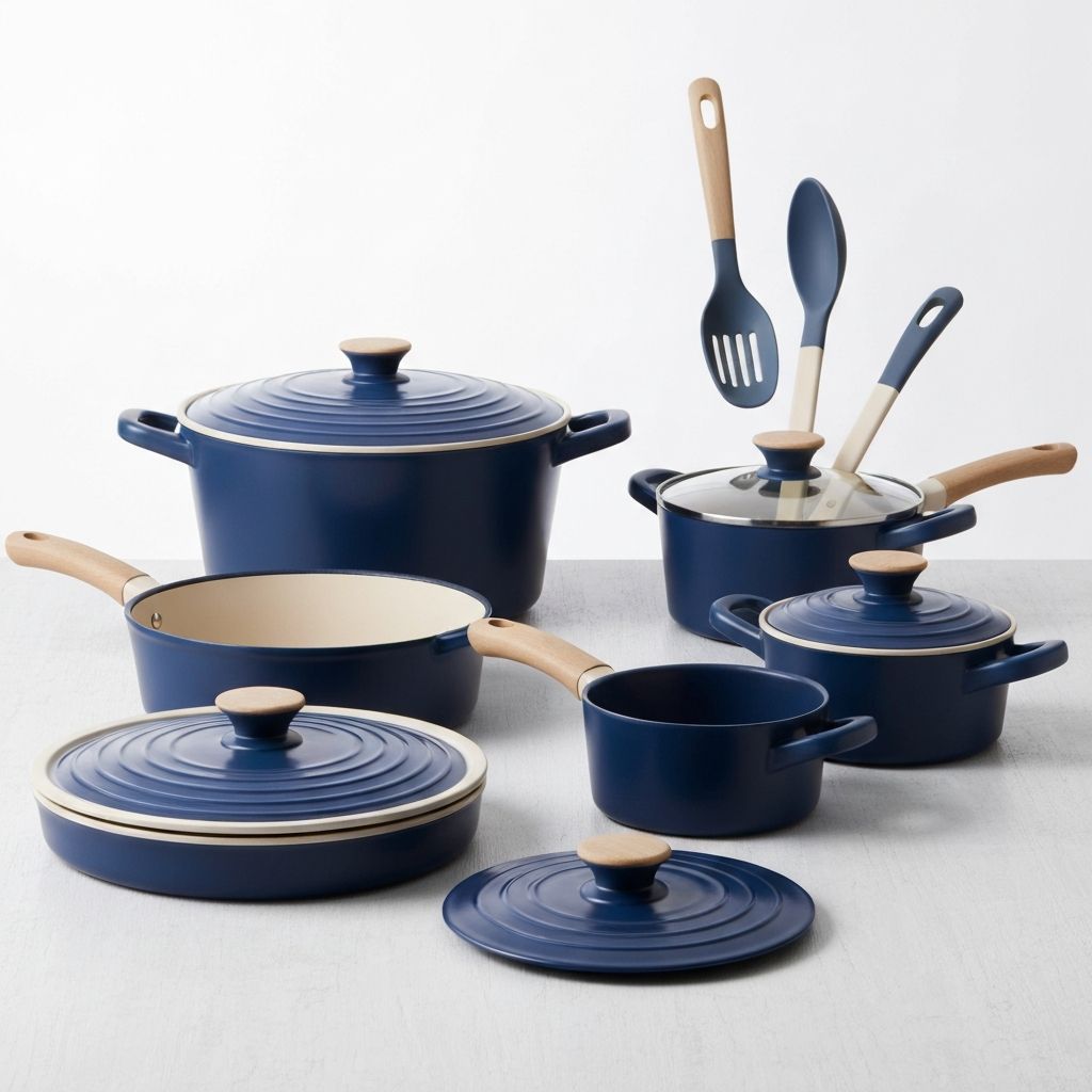 Crofton ceramic non-stick cookware set in navy blue and cream colors
